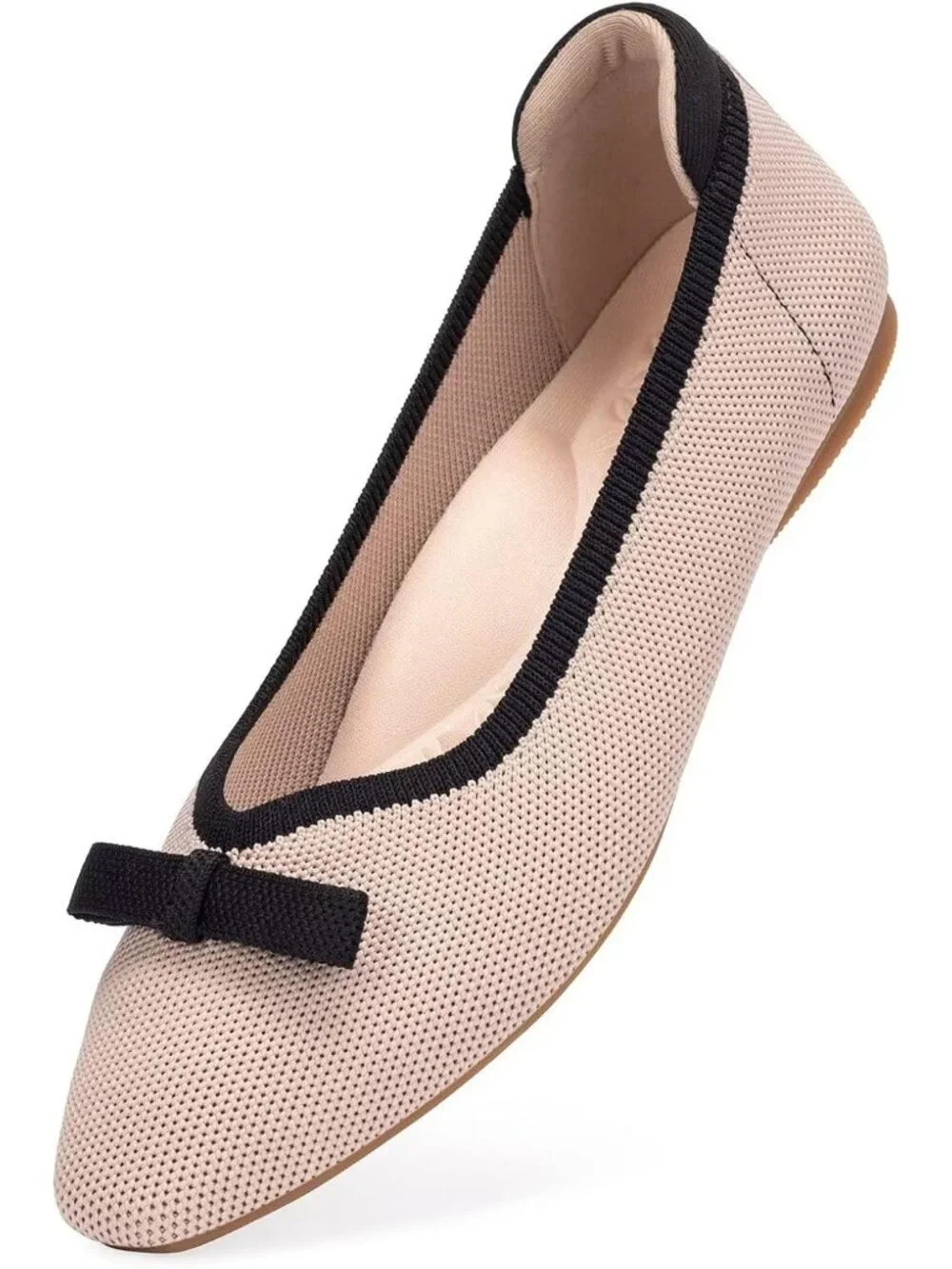Frank Mully Women's Khaki Black Rubber Knit Squared Toe Bow Slip On Ballet Flats